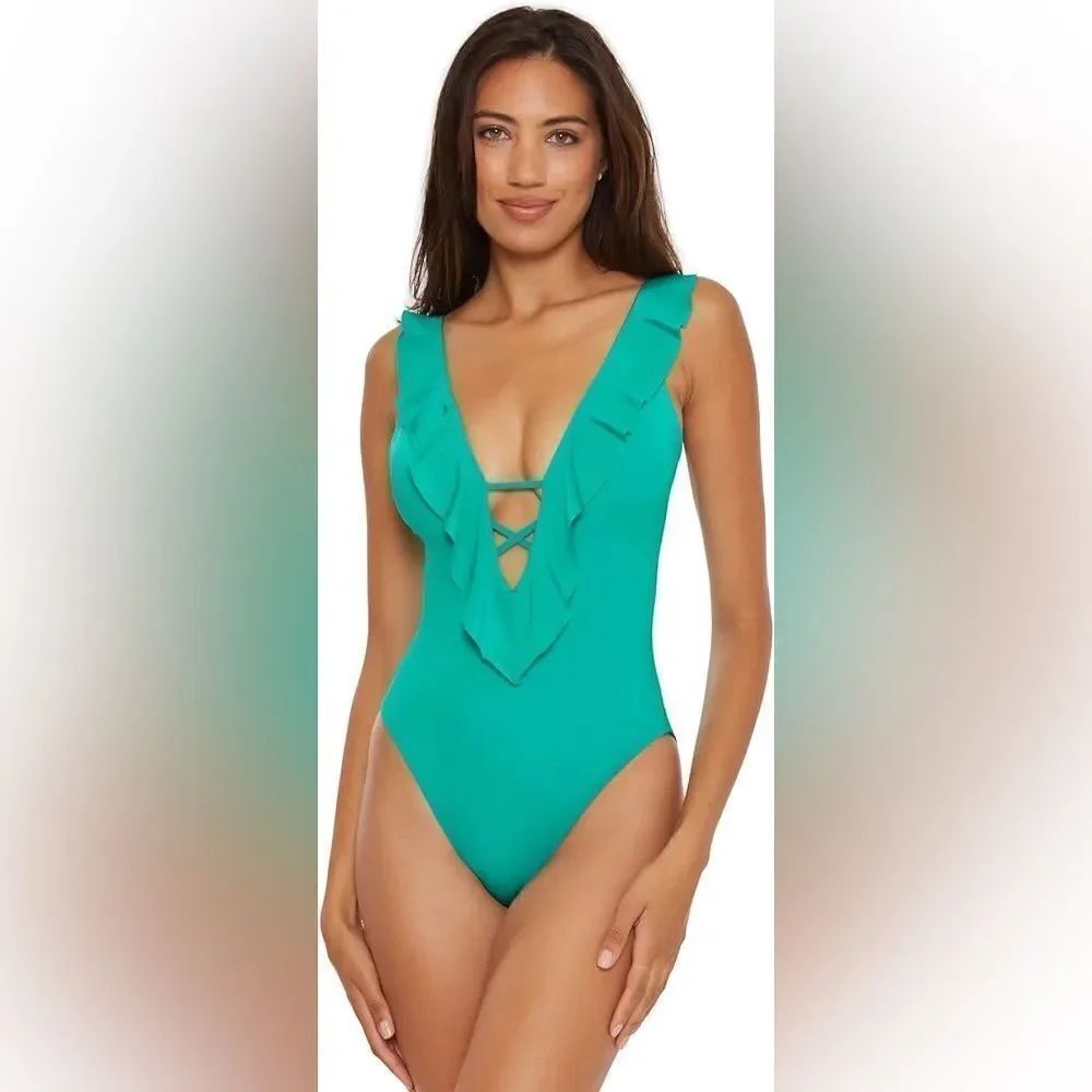 BECCA BY REBECCA VIRTUE LUCILLE RUFFLED LACE-UP ONE-PIECE SWIMSUIT Jasper NWT